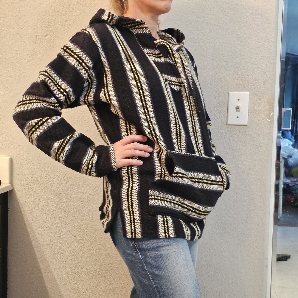 Original Señor Lopez Mexican Poncho Hoodie Men's Medium Pockets Black Striped
